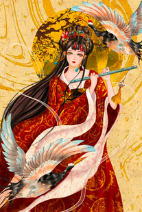 古风红衣女子与仙鹤相伴