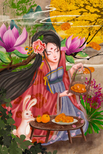 古风女子与玉兔秋日雅景