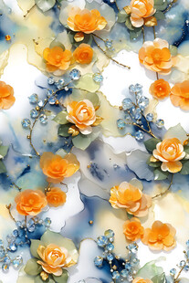 水彩风橙蓝花卉图案