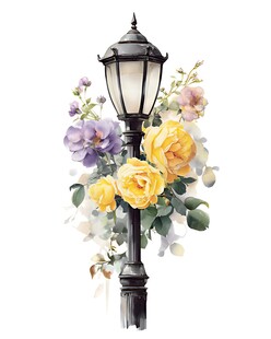 繁花簇拥的复古路灯