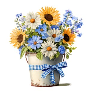 蓝白桶中盛放多彩鲜花