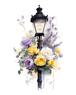 复古路灯旁的多彩花卉