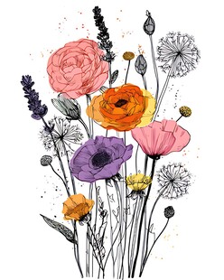 手绘多彩花卉插画作品
