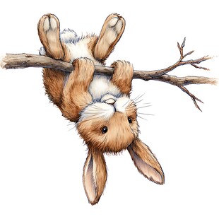 倒挂在树枝上的可爱小兔