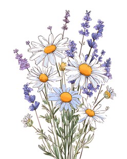 雏菊与薰衣草花卉插画