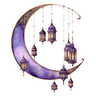 紫色新月挂饰与古典灯笼