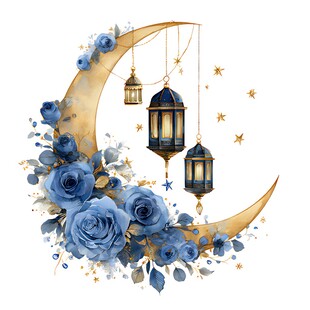 蓝玫瑰新月挂灯梦幻插画