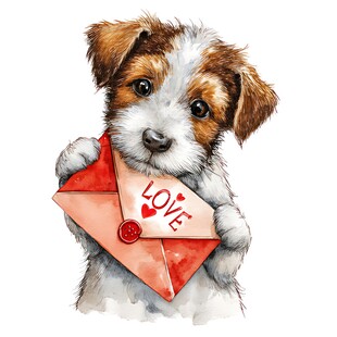 小狗抱爱心信封献爱意