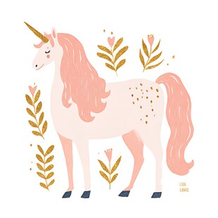 梦幻独角兽与金色植物装饰