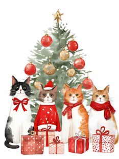 猫咪与圣诞树及礼物
