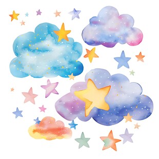 梦幻水彩云朵与星星图案