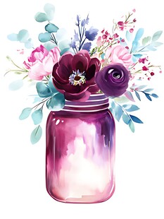 花束装点的紫色玻璃罐