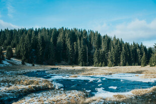 冬日山林中的静谧湖泊