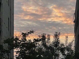 楼间的绚烂晚霞景色