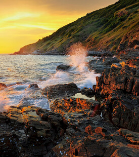 夕阳下的海岸礁石美景