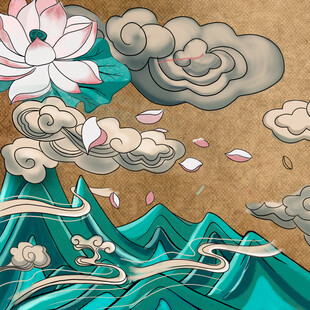 中式山水荷花云景插画