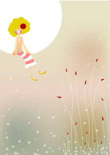 女孩撑伞漫步于花草间