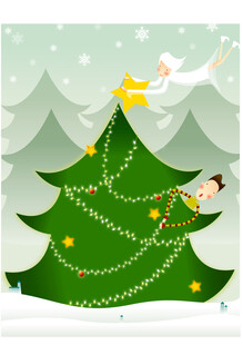 装饰圣诞树的欢乐场景