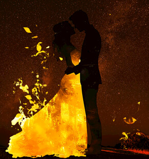浪漫火焰中的情侣剪影