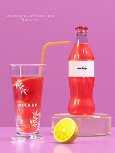 粉色汽水搭配柠檬与吸管