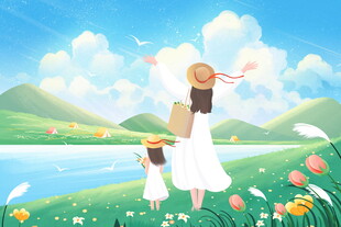 母女漫步花海享受美好时光