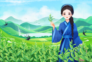 古装女子于茶园悠然赏景
