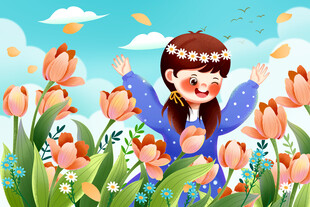 女孩在花丛中开心起舞