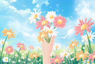 手捧繁花于烂漫花海中