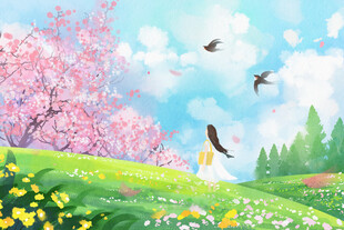 春日花海中的漫步少女