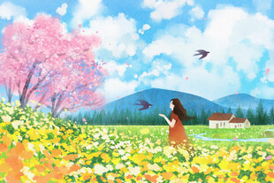 春日花海中的女孩与风筝