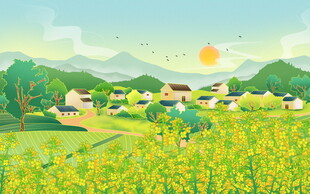 田园风光金色田野与村落