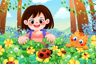 女孩与小动物的森林奇遇