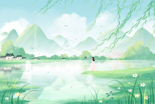 湖畔垂柳下的悠然景致