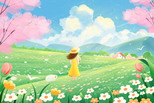 漫步春日花海的女孩