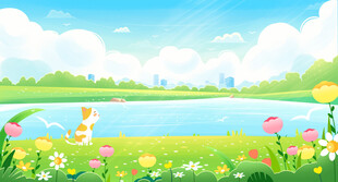 夏日湖畔童趣风景