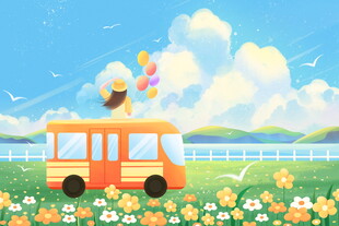 童趣巴士行于烂漫花海间