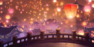 梦幻夜景中的古风灯笼桥