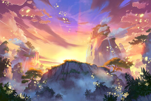 梦幻奇幻的山间黄昏景色