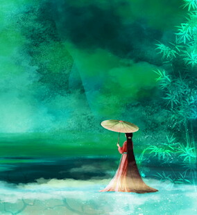 红衣女子撑伞漫步于山水间