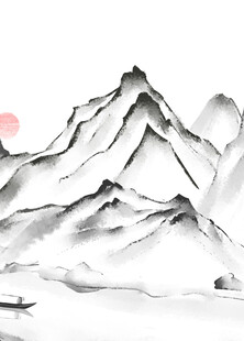 水墨山水间的孤舟落日