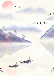 江上扁舟伴飞鸟落日景