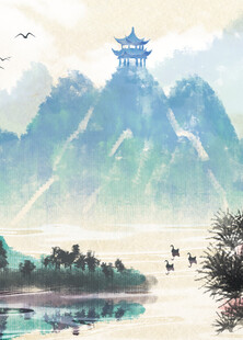 水墨山水间的古韵楼阁