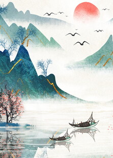 水墨山水间的孤舟美景
