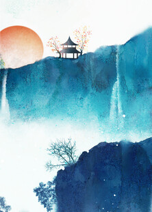 水墨山水间的落日亭景