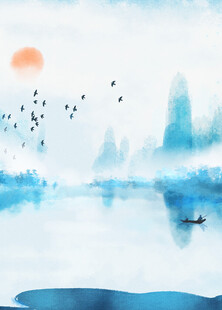 水墨山水间孤舟伴飞鸟
