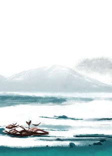 孤舟泛于波涛山水间