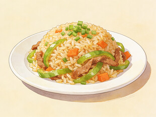 手绘青椒肉丝炒饭