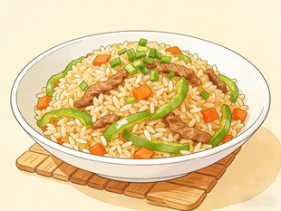 手绘青椒肉丝炒饭