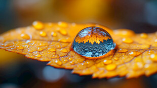 秋叶上晶莹的水滴倒影