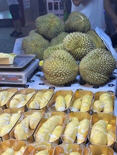 摊位上的多样榴莲展示
